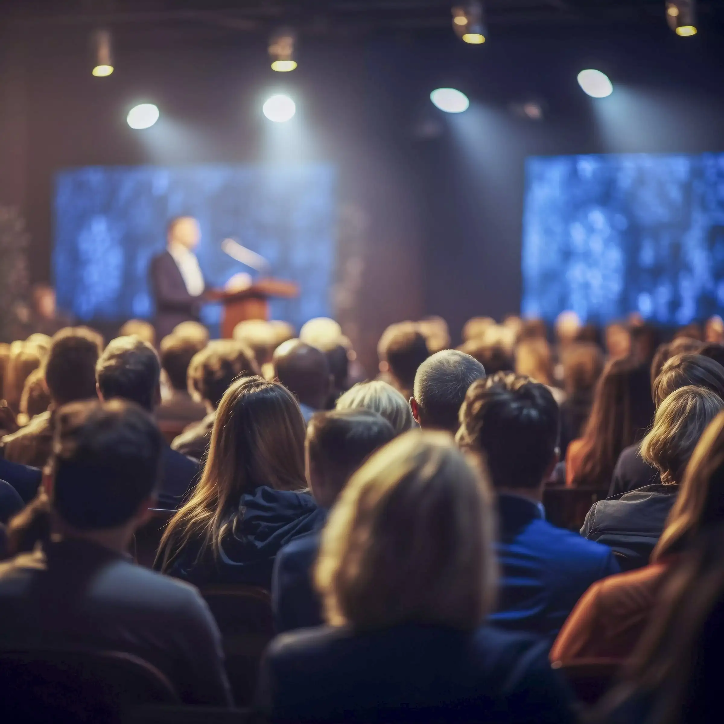 Pubblico in sala davanti al palco di un convegno